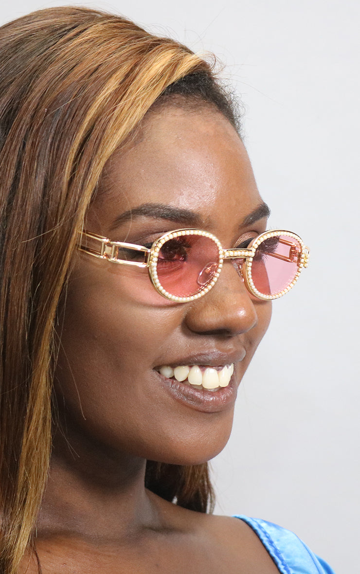 Gold Pearl Trim Pink Tint Sunglasses