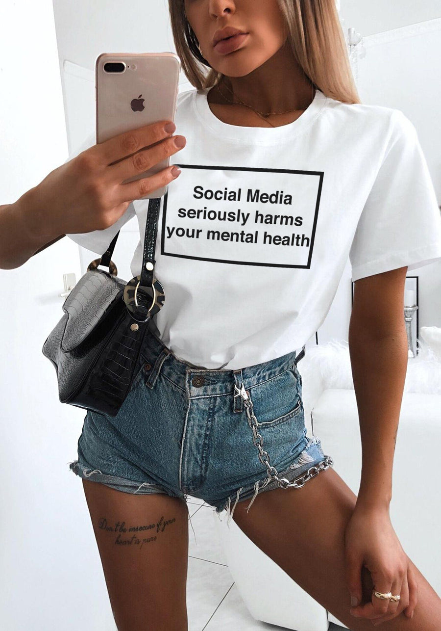 Social Media Serious Harms your Mental Health White T-Shirt T-Shirt Splashy 