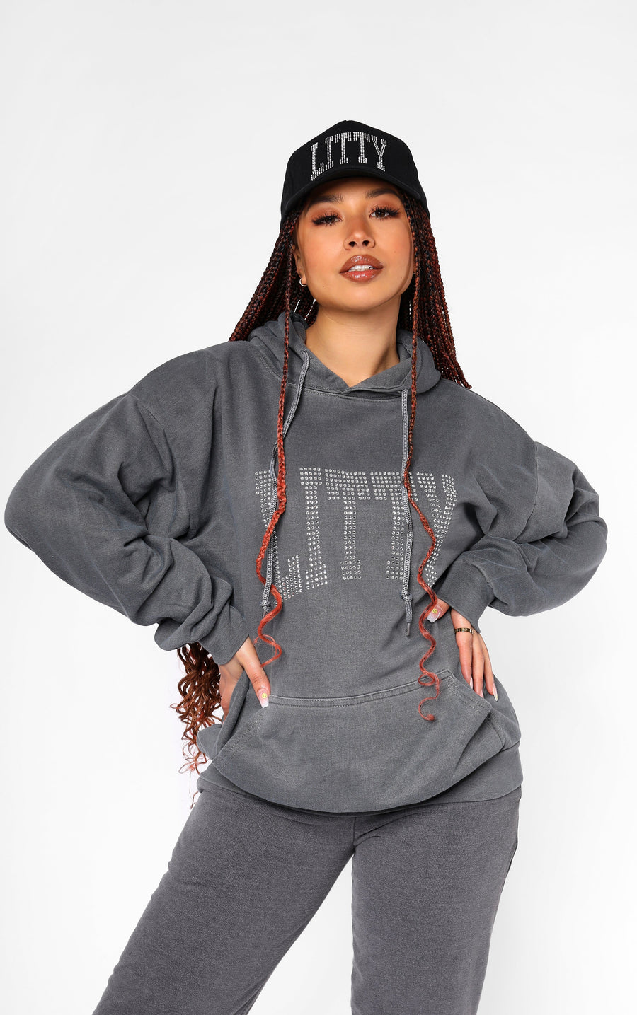 LITTY Slogan Diamante Washed Charcoal Hoodie