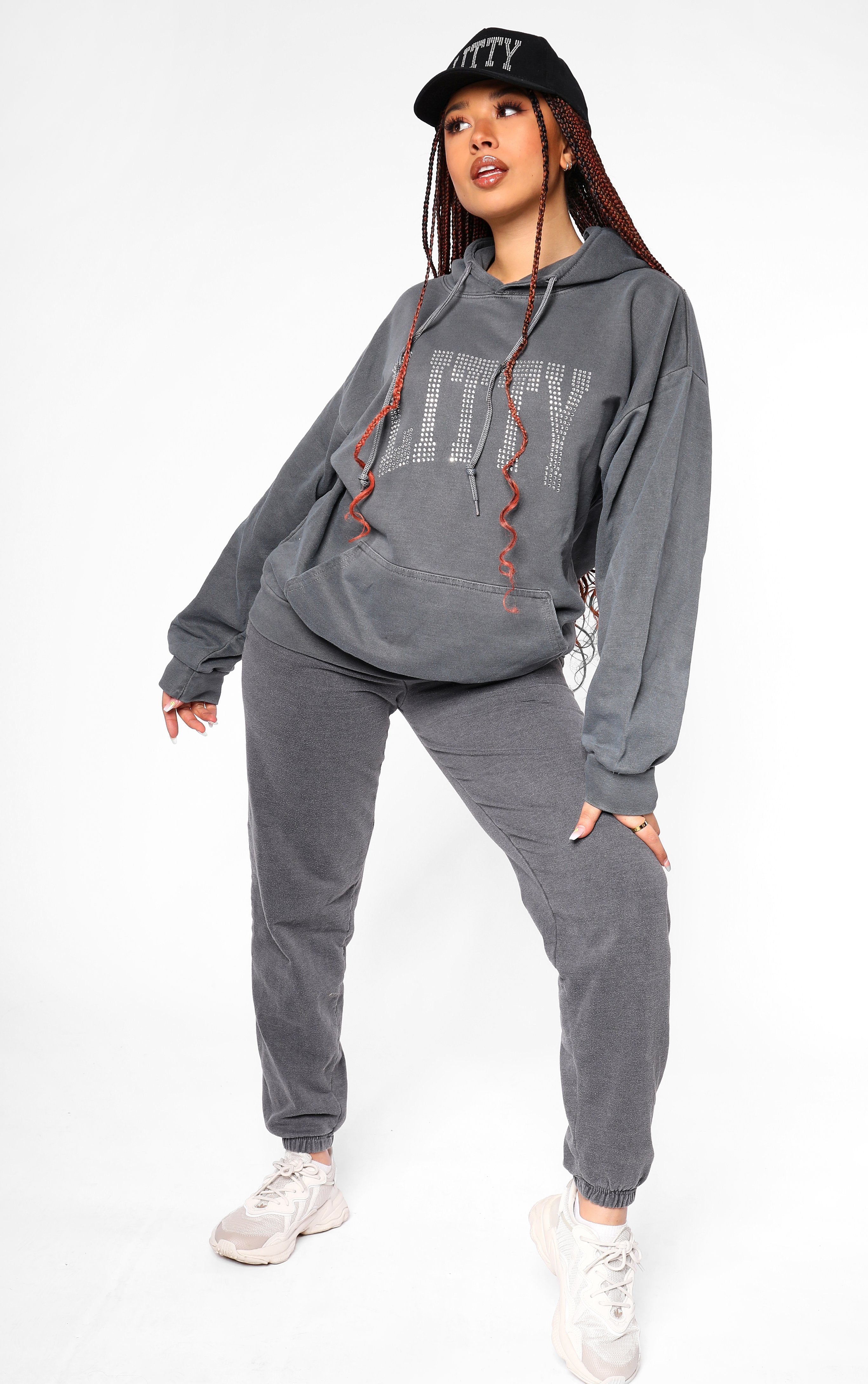 LITTY Slogan Diamante Washed Charcoal Hoodie
