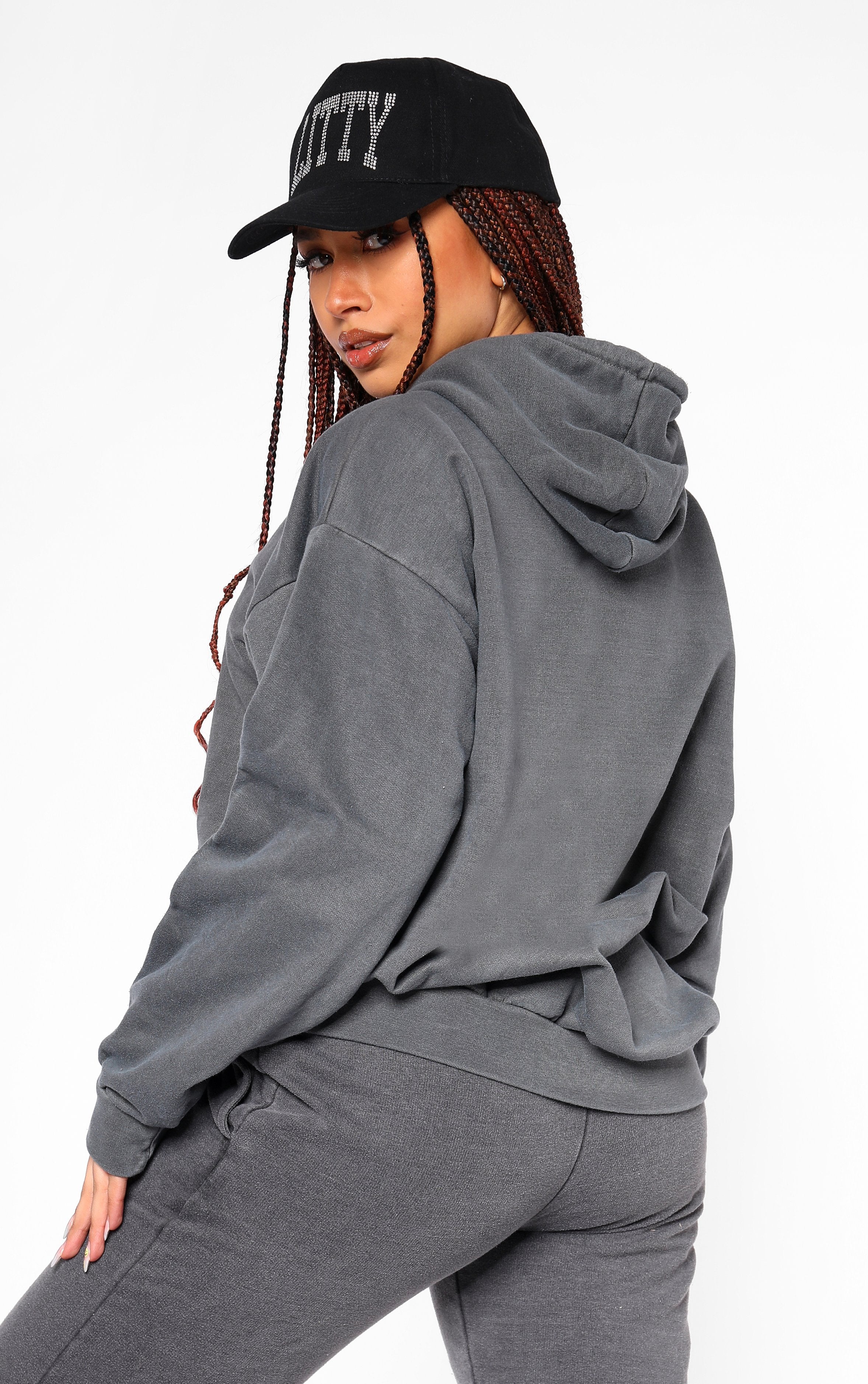 LITTY Slogan Diamante Washed Charcoal Hoodie