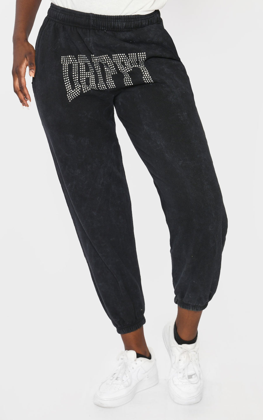 Drippy Stone Wash Diamante Boyfriend Cuffed Joggers