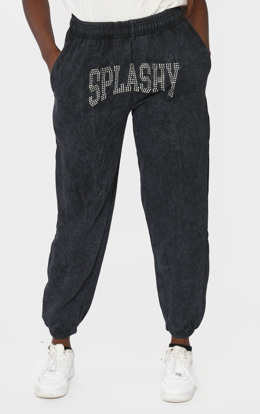 Splashy Stone Wash Diamante Boyfriend Cuffed Joggers