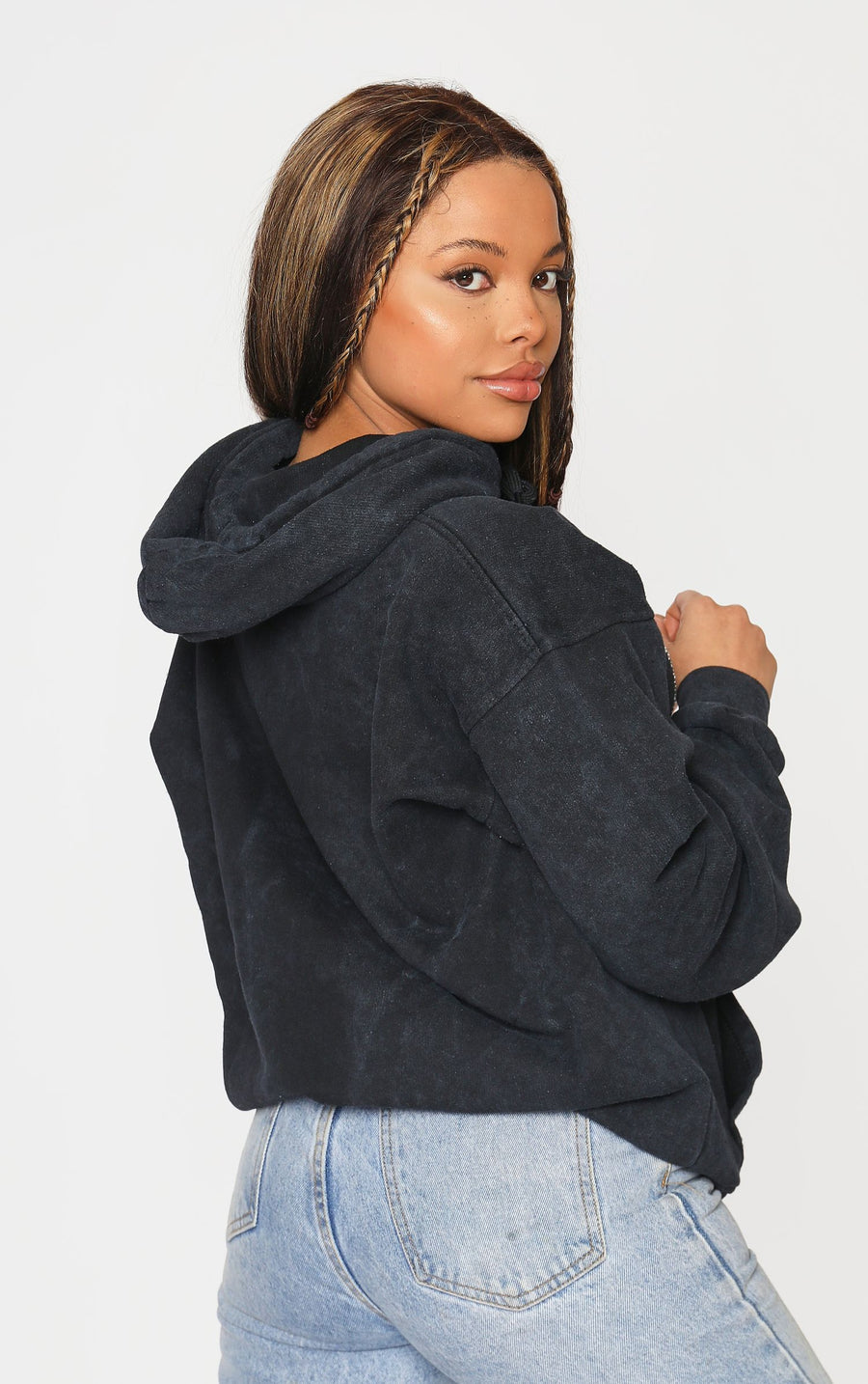 MAZZA Slogan Diamante Stone Washed Black Hoodie
