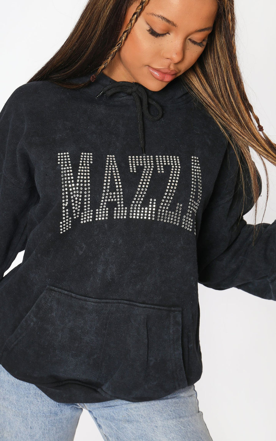 MAZZA Slogan Diamante Stone Washed Black Hoodie