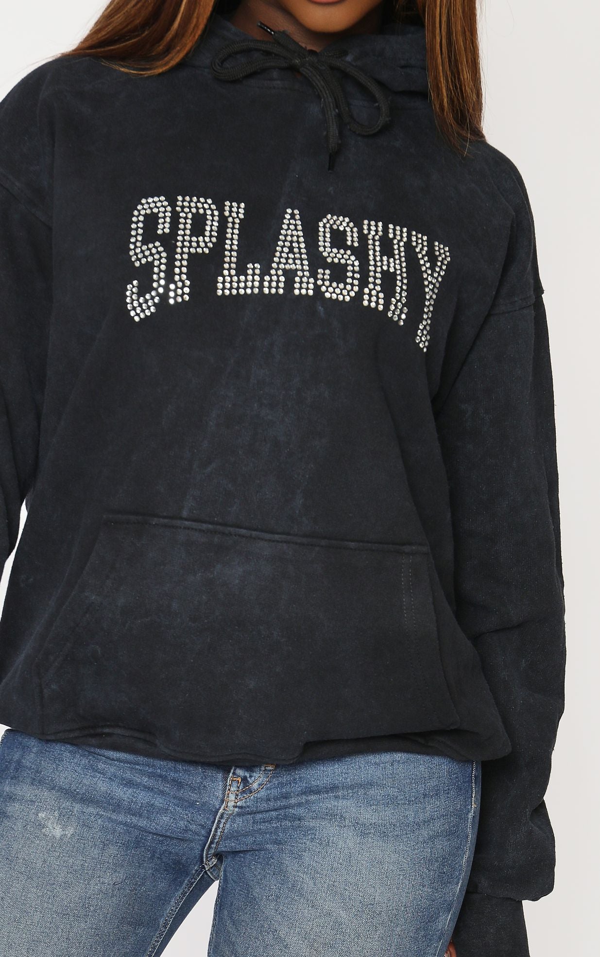 SPLASHY Slogan Diamante Stone Washed Black Hoodie