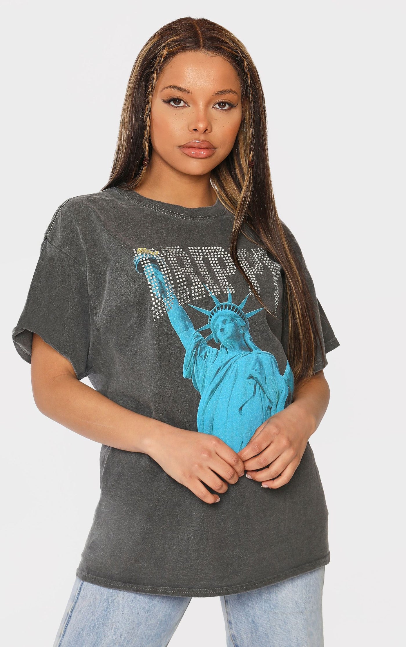 Lady Liberty 🗽🗽 Drippy Diamante 💎💎Washed Charcoal T-Shirt