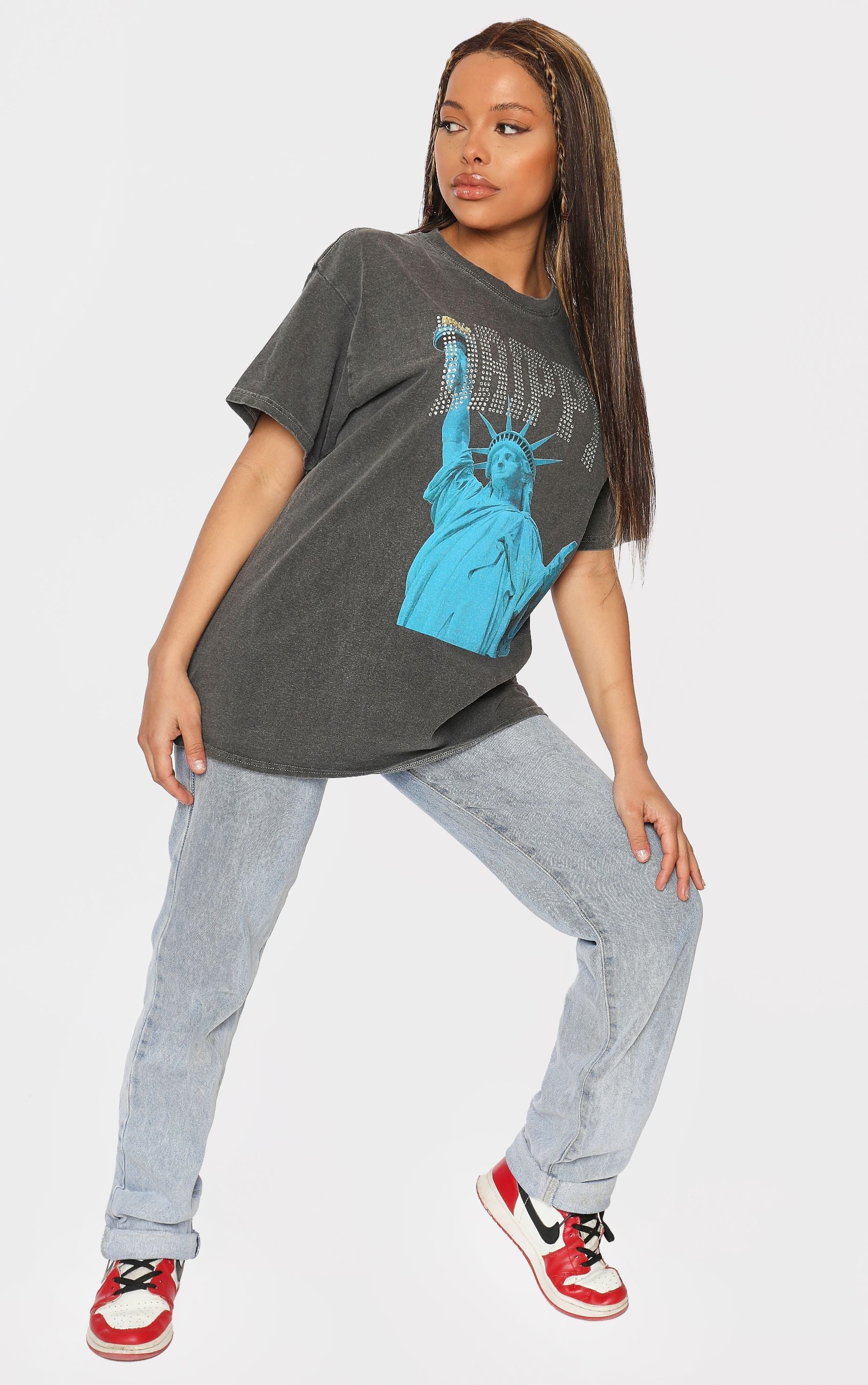 Lady Liberty 🗽🗽 Drippy Diamante 💎💎Washed Charcoal T-Shirt