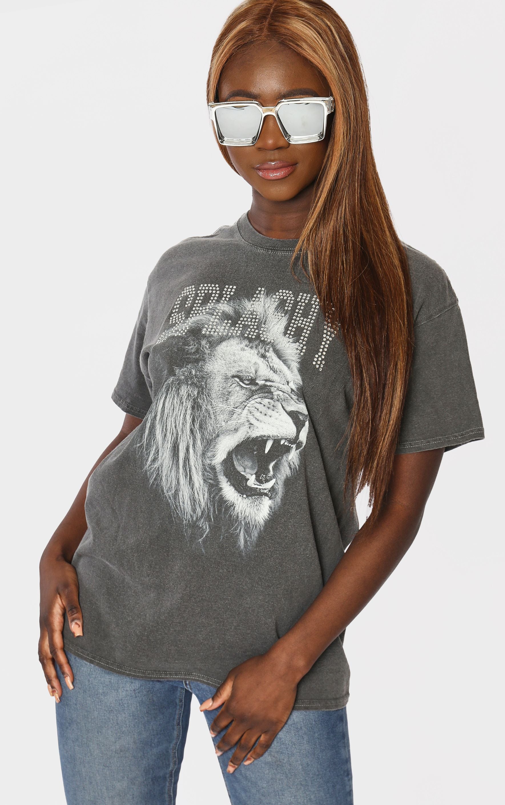 Wild Thing 🦁🦁 Splashy Diamante 💎💎Washed Charcoal T-Shirt