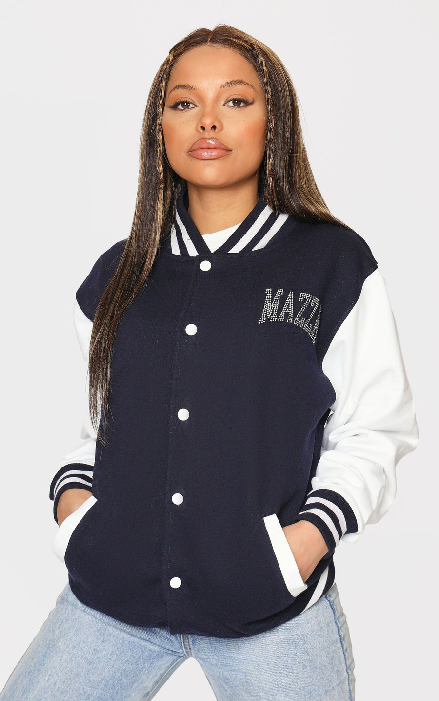 Letterman Jacket Diamante Stones Maza Navy/White Jacket