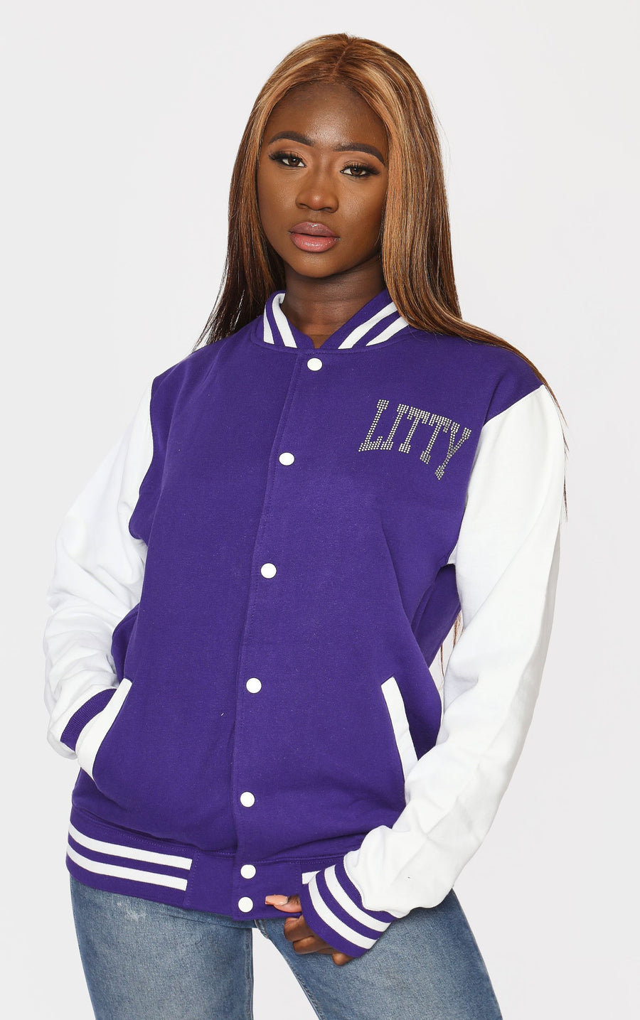 Letterman Jacket Diamante Stones Litty Purple/White Jacket