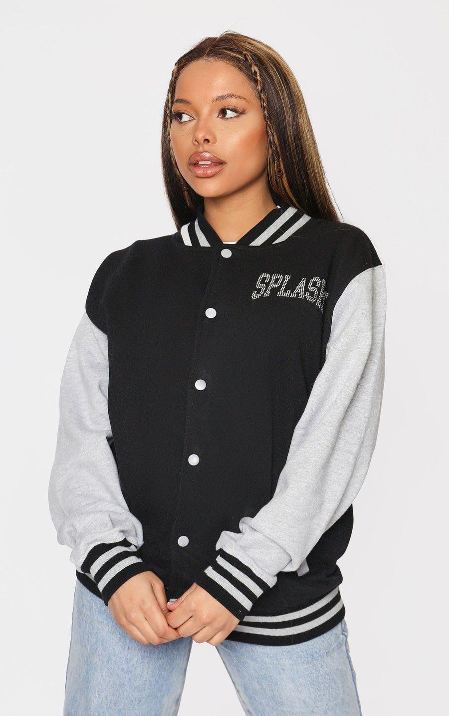 Letterman Jacket Diamante Stones Splashy Black/Grey Jacket