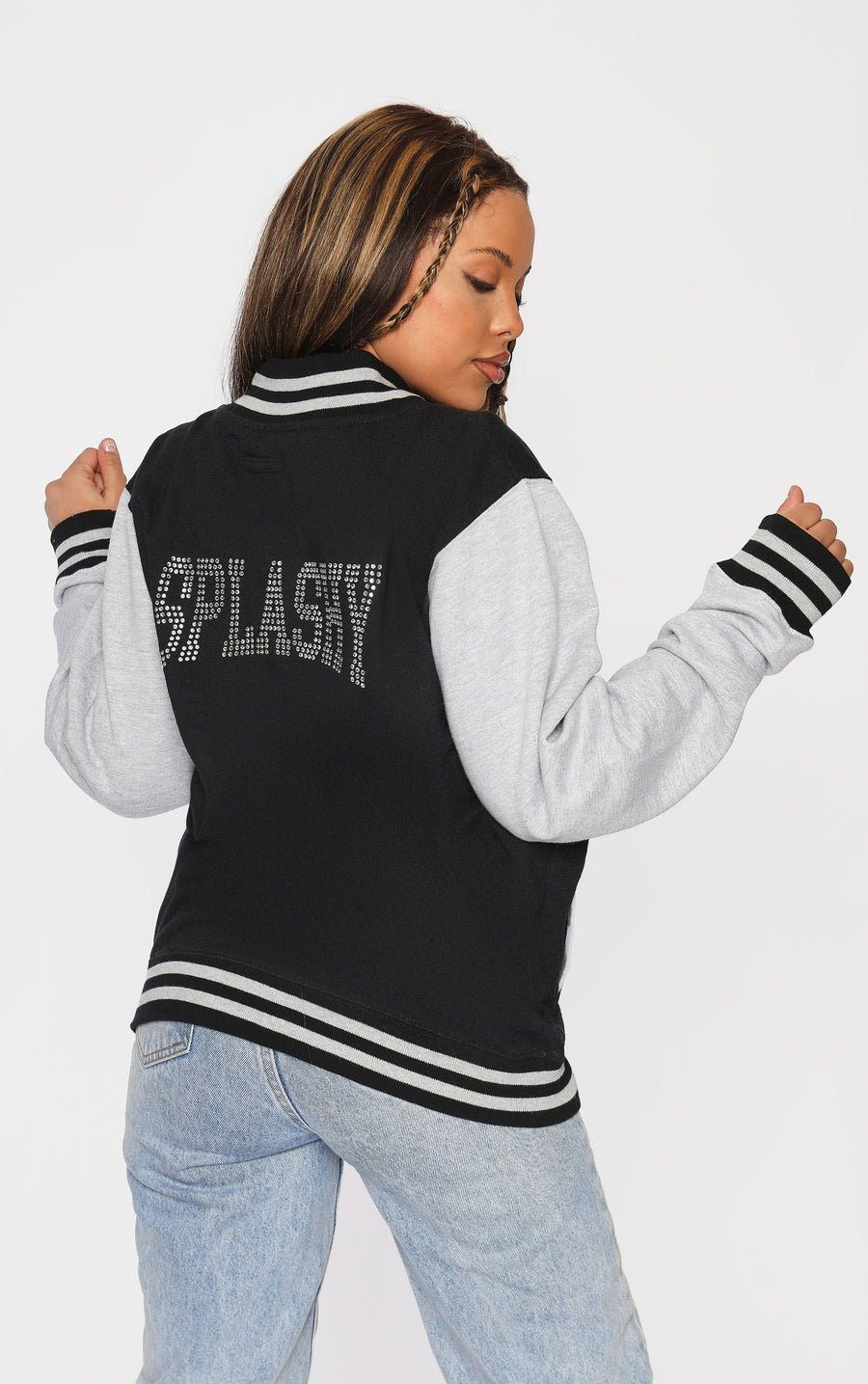 Letterman Jacket Diamante Stones Splashy Black/Grey Jacket