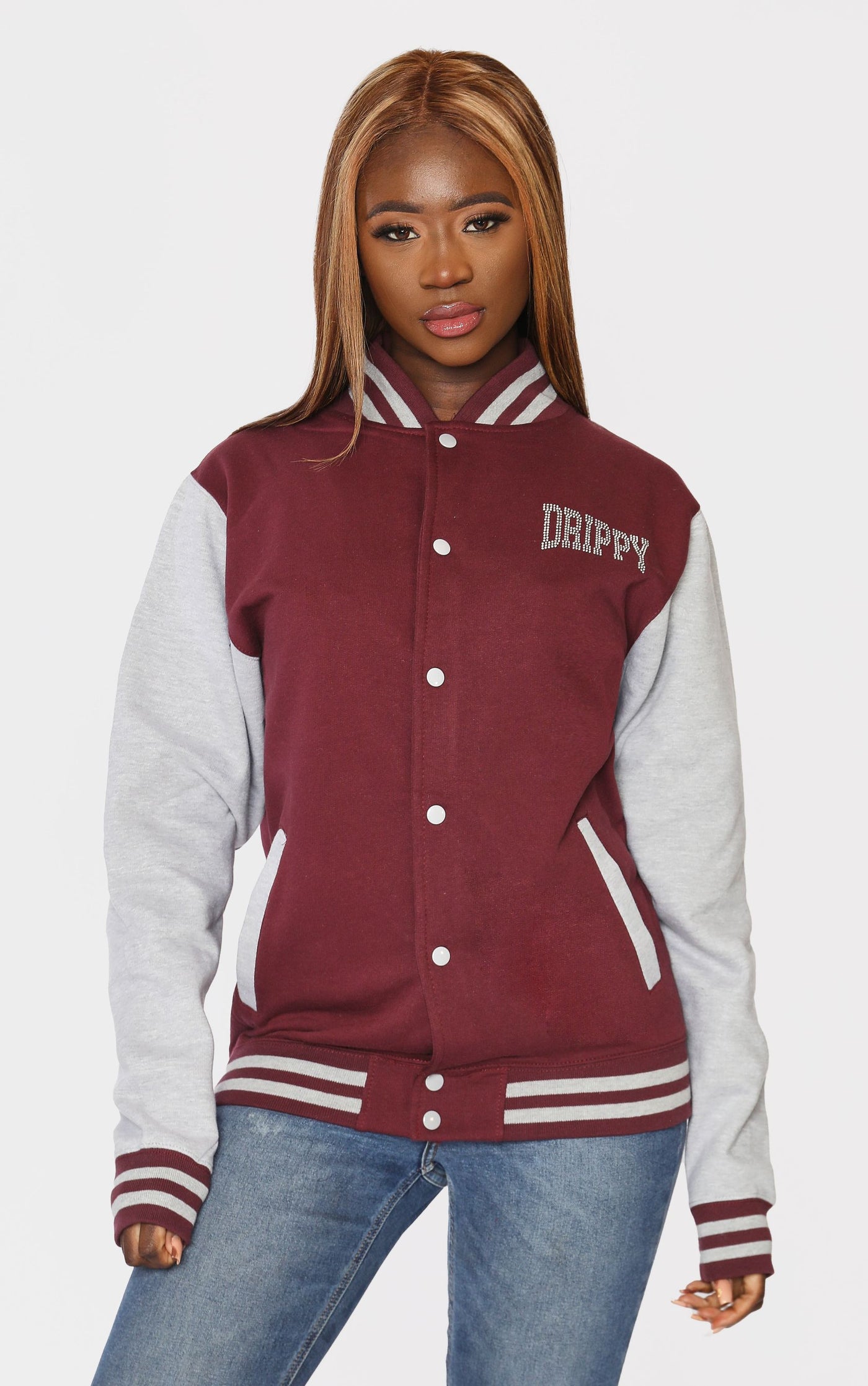 Letterman Jacket Diamante Stones Drippy Burgundy/Grey Jacket