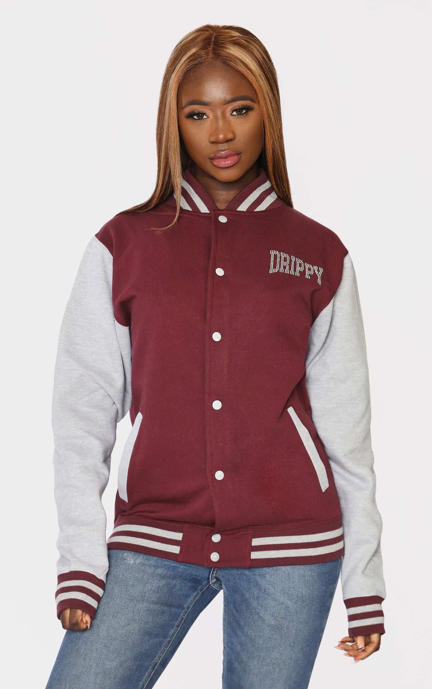 Letterman Jacket Diamante Stones Drippy Burgundy/Grey Jacket