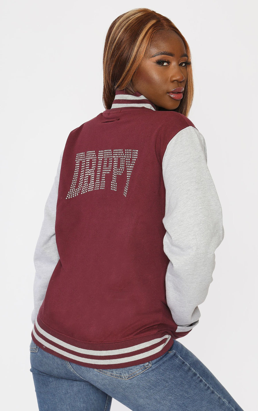 Letterman Jacket Diamante Stones Drippy Burgundy/Grey Jacket