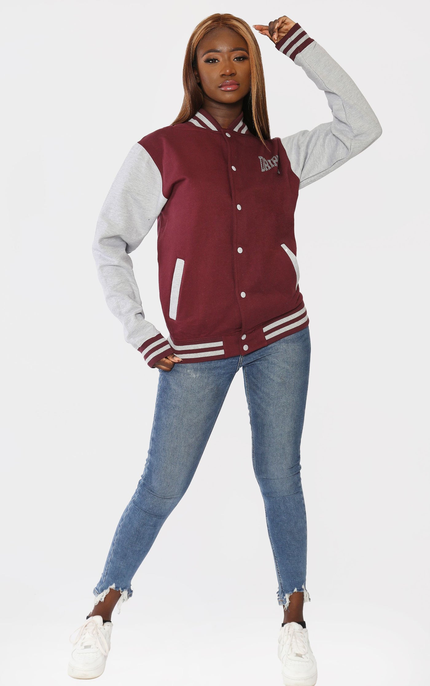 Letterman Jacket Diamante Stones Drippy Burgundy/Grey Jacket