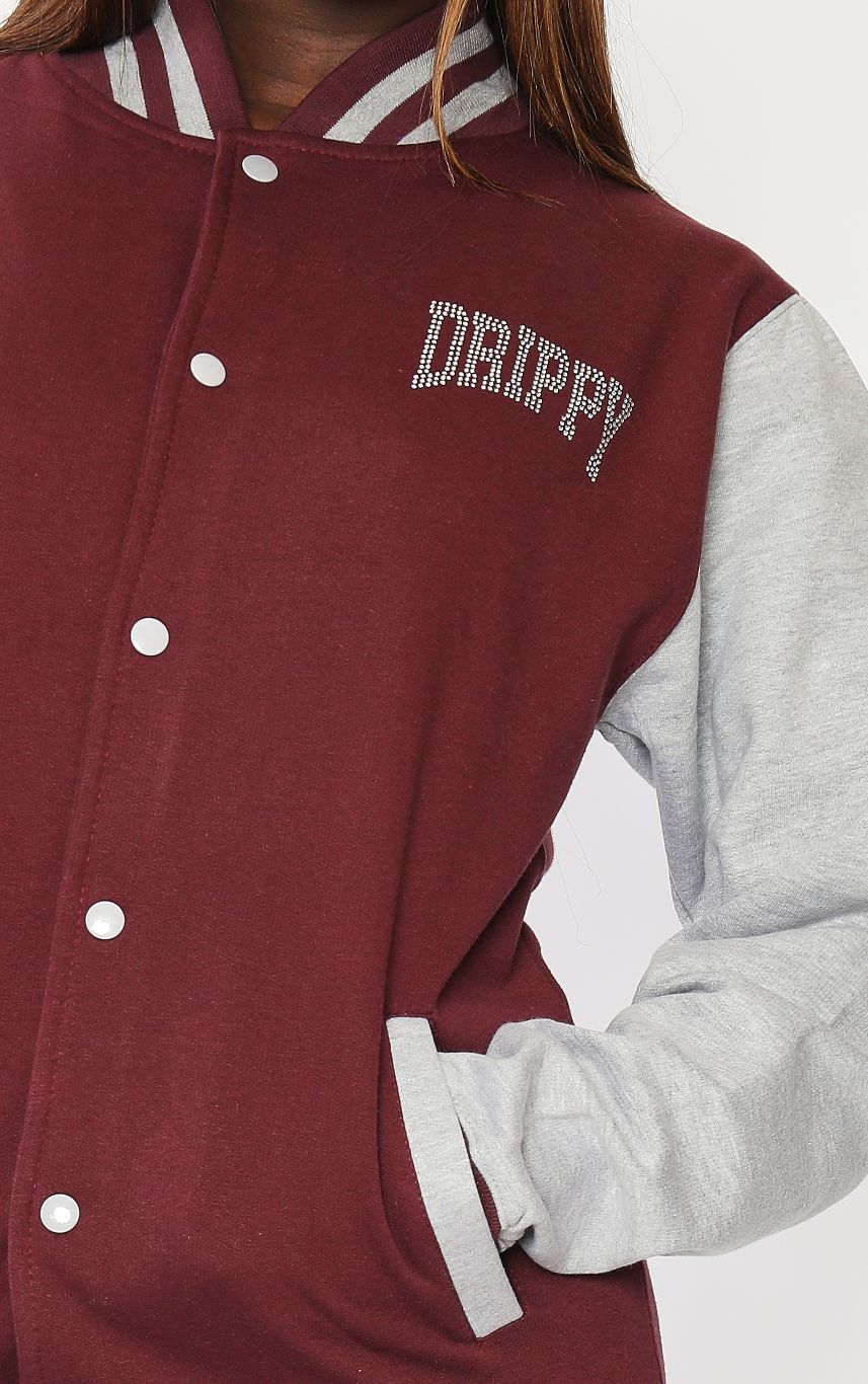 Letterman Jacket Diamante Stones Drippy Burgundy/Grey Jacket