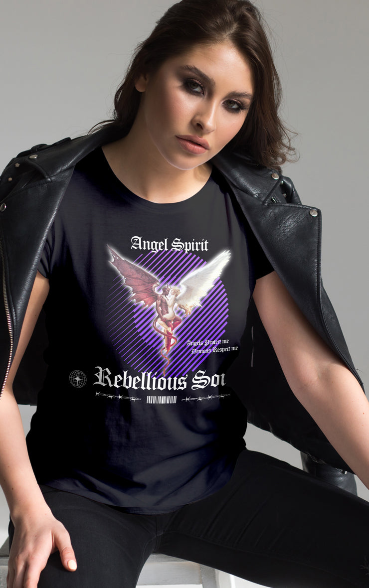 Angel Spirit Rebellious Soul Black T-Shirt
